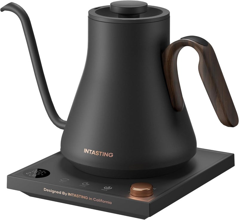 intasting Gooseneck Electric Kettle with Precise ±1℉ Temperature Control, Wood-Accented Handle, Stainless Steel Interior, Quick Heating Pour Over Kettle for Coffee & Tea, 0.9L, Matte Grey - Image 1